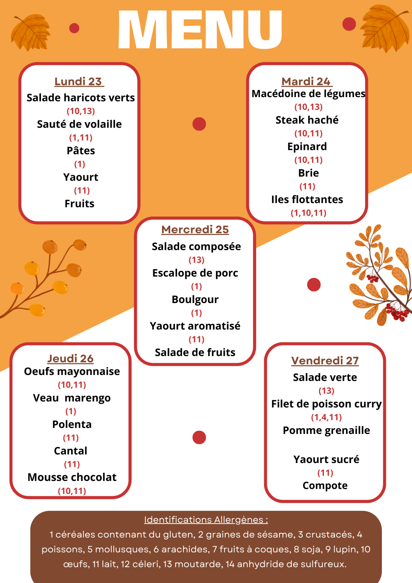 Menu semaine du 23 au 27 Octobre