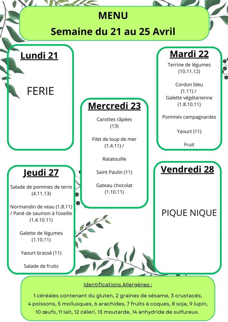 Menu vacances printemps soanan 2025